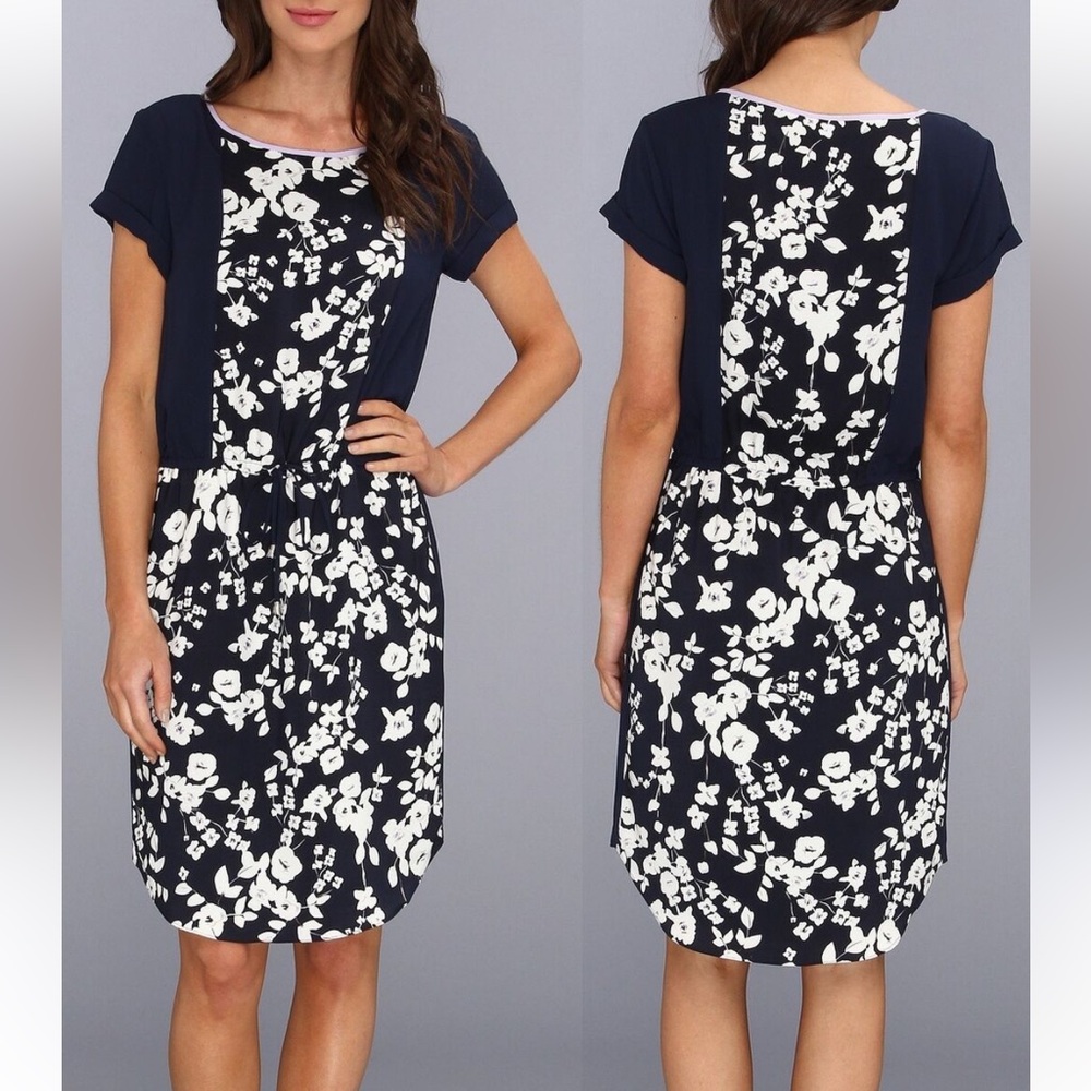 Size 6 Vince Camuto blue night color block tossed bouquet drawstring dress